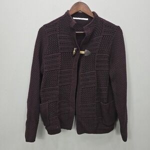 Woolrich Knit‎ Cardigan Sweater L Plum Toggle Pockets Open Patchwork Knit